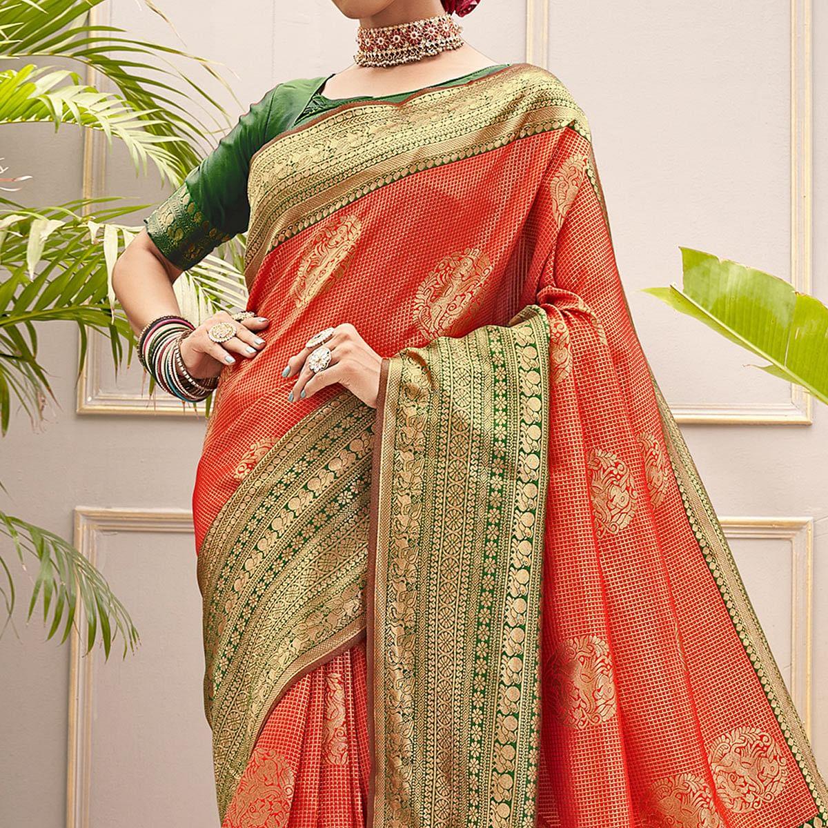 Red Woven Pure Silk Saree With Tassels - Peachmode