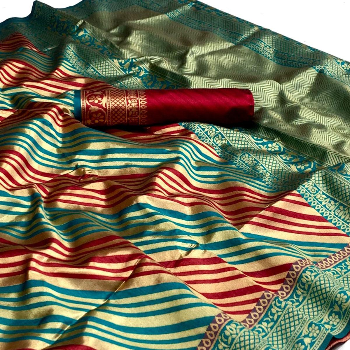 Red Woven Silk Saree - Peachmode