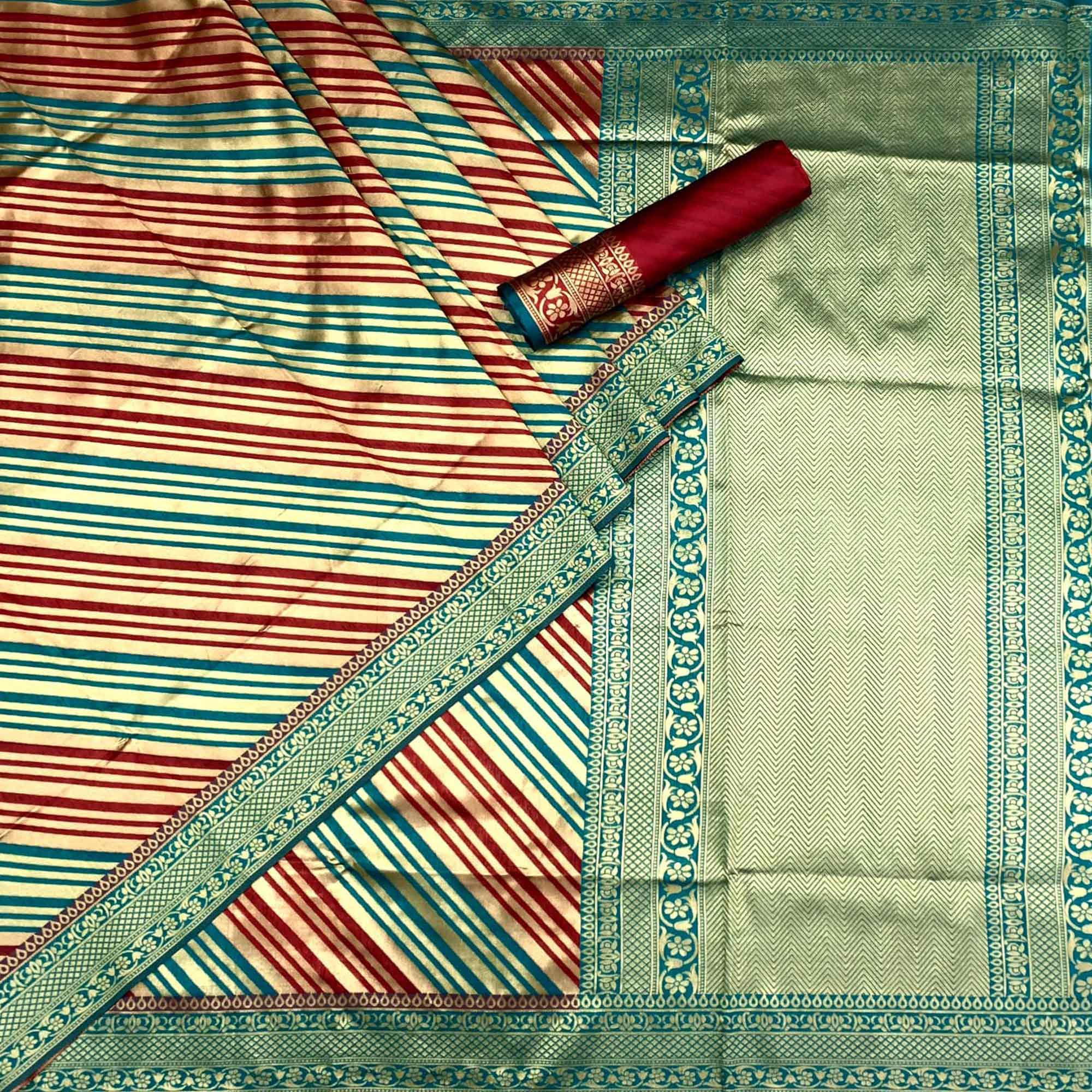 Red Woven Silk Saree - Peachmode