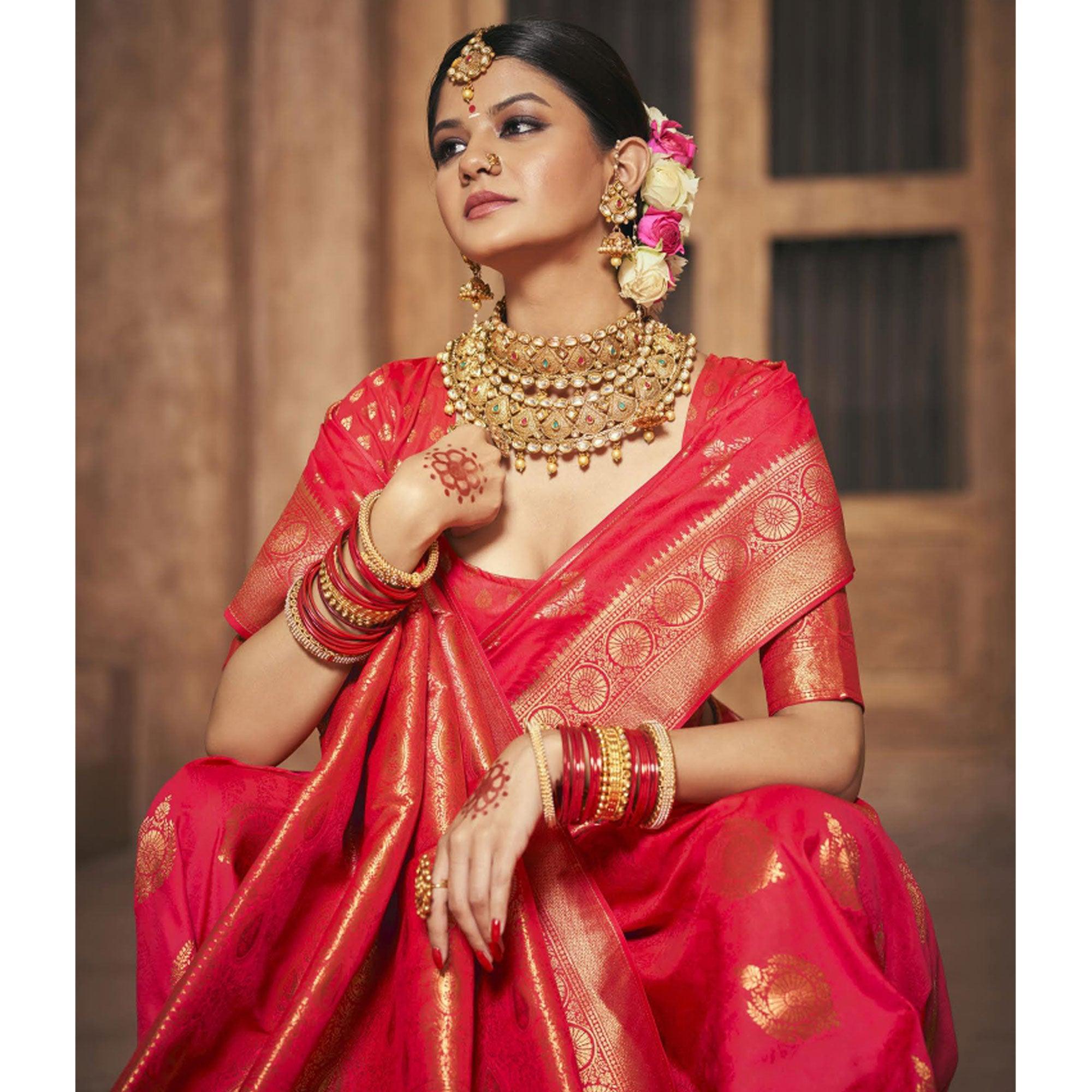 Red Woven Silk Saree With Tassels - Peachmode
