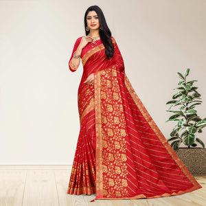 Red Woven Vichitra Silk Saree - Peachmode