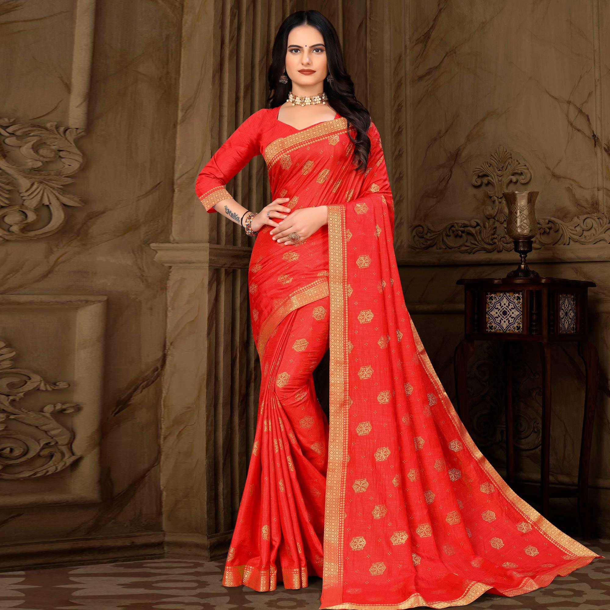 Red Woven Vichitra Silk Saree - Peachmode