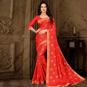 Red Woven Vichitra Silk Saree - Peachmode