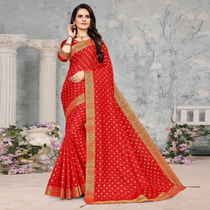 Red Woven Vichitra Silk Saree - Peachmode