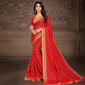 Red Woven Vichitra Silk Saree - Peachmode