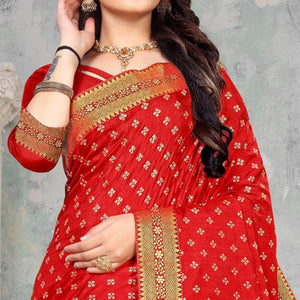 Red Woven Vichitra Silk Saree - Peachmode