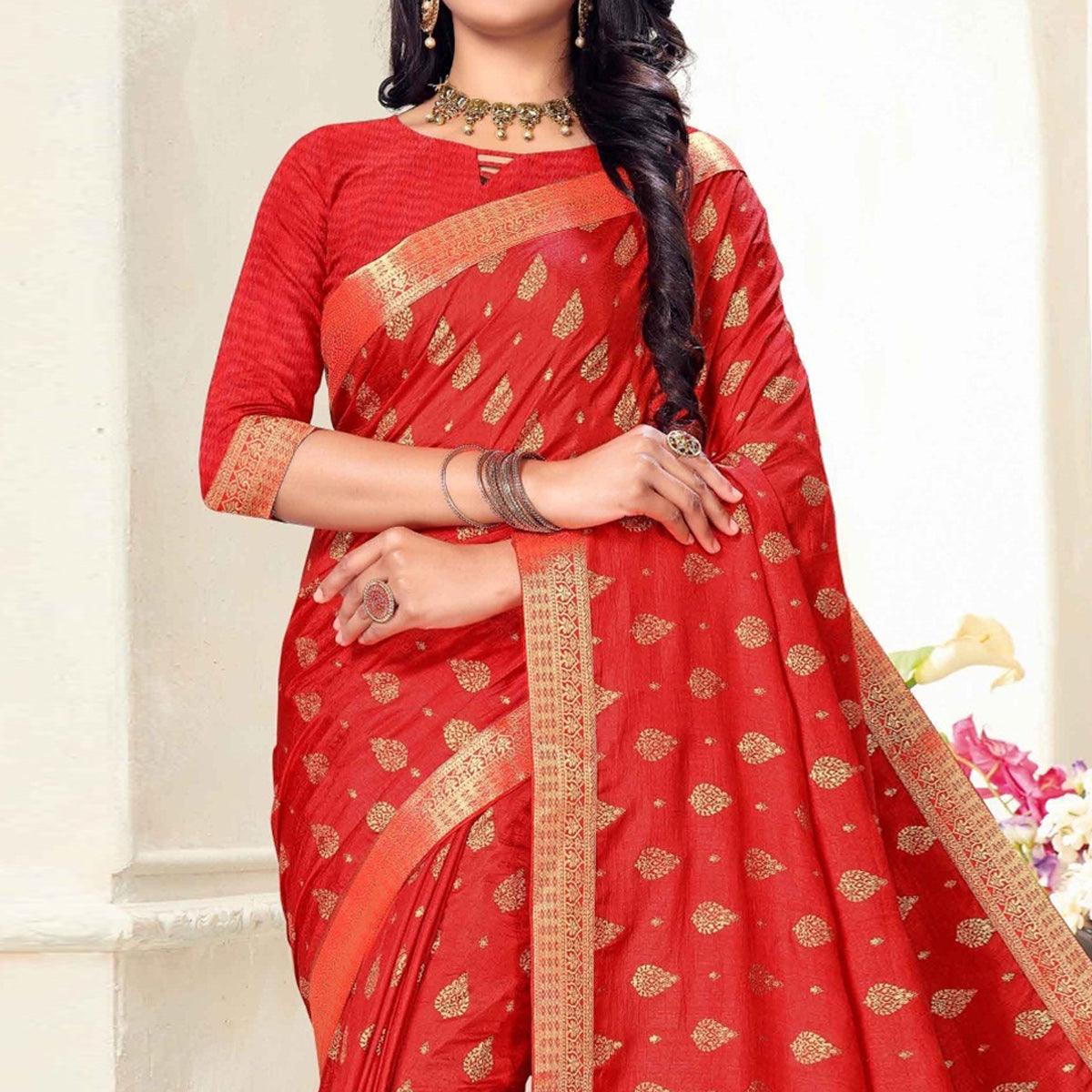 Red Woven Vichitra Silk Saree - Peachmode