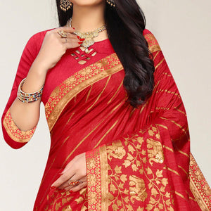 Red Woven Vichitra Silk Saree - Peachmode