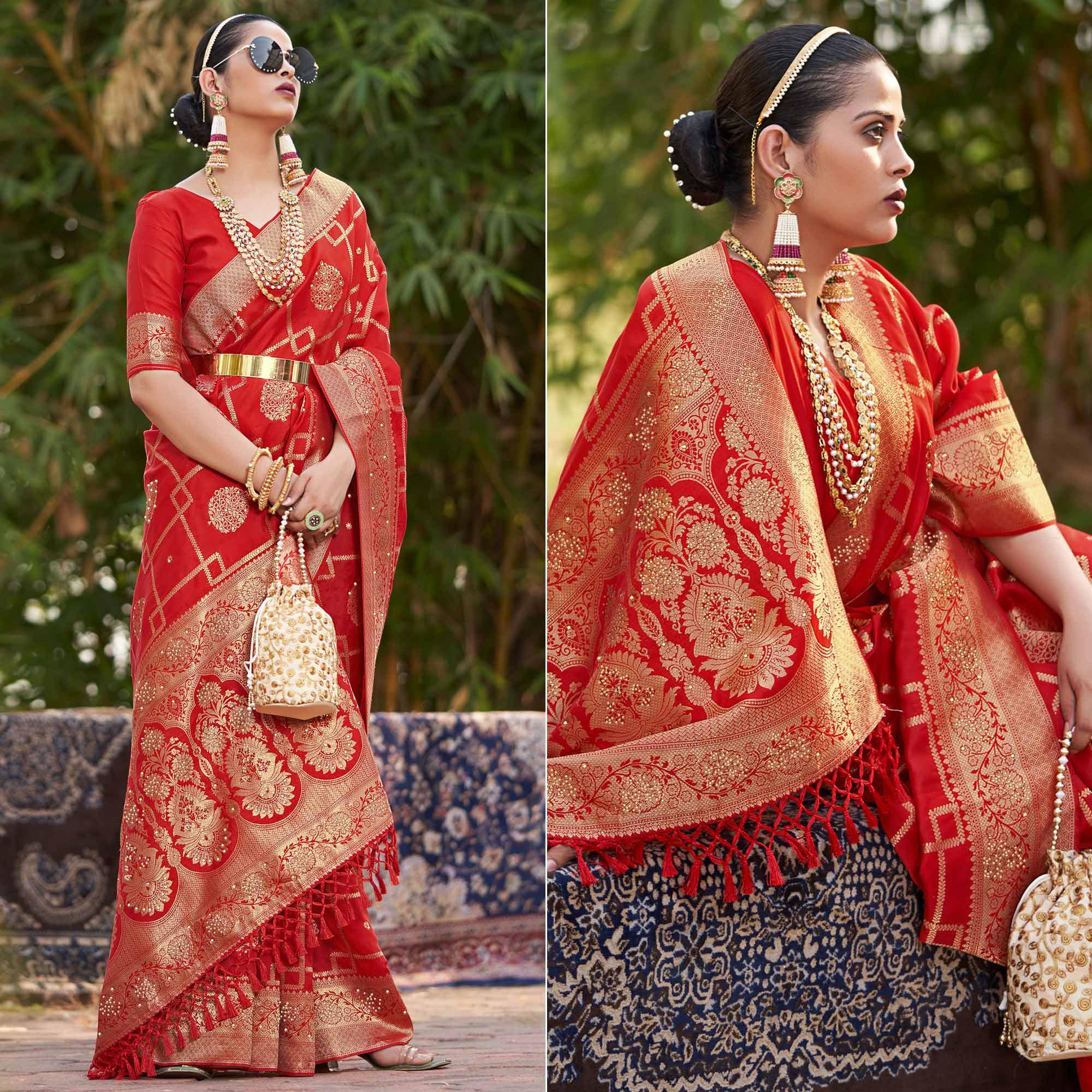 Red Woven With Embellished Art Silk Saree With Tassels - Peachmode