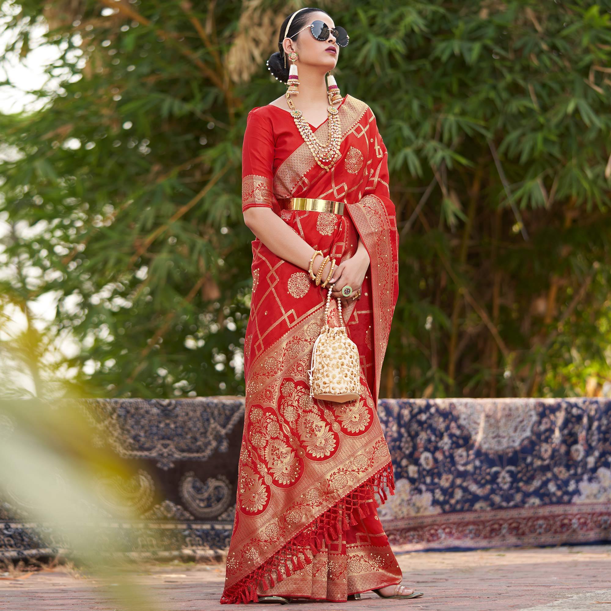 Red Woven With Embellished Art Silk Saree With Tassels - Peachmode