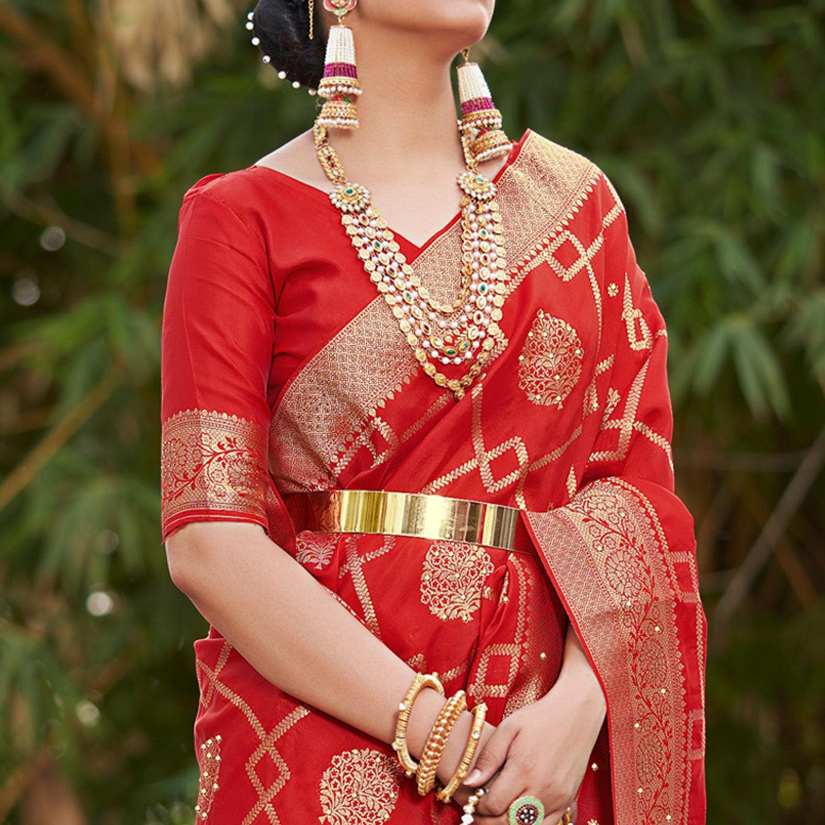 Red Woven With Embellished Art Silk Saree With Tassels - Peachmode