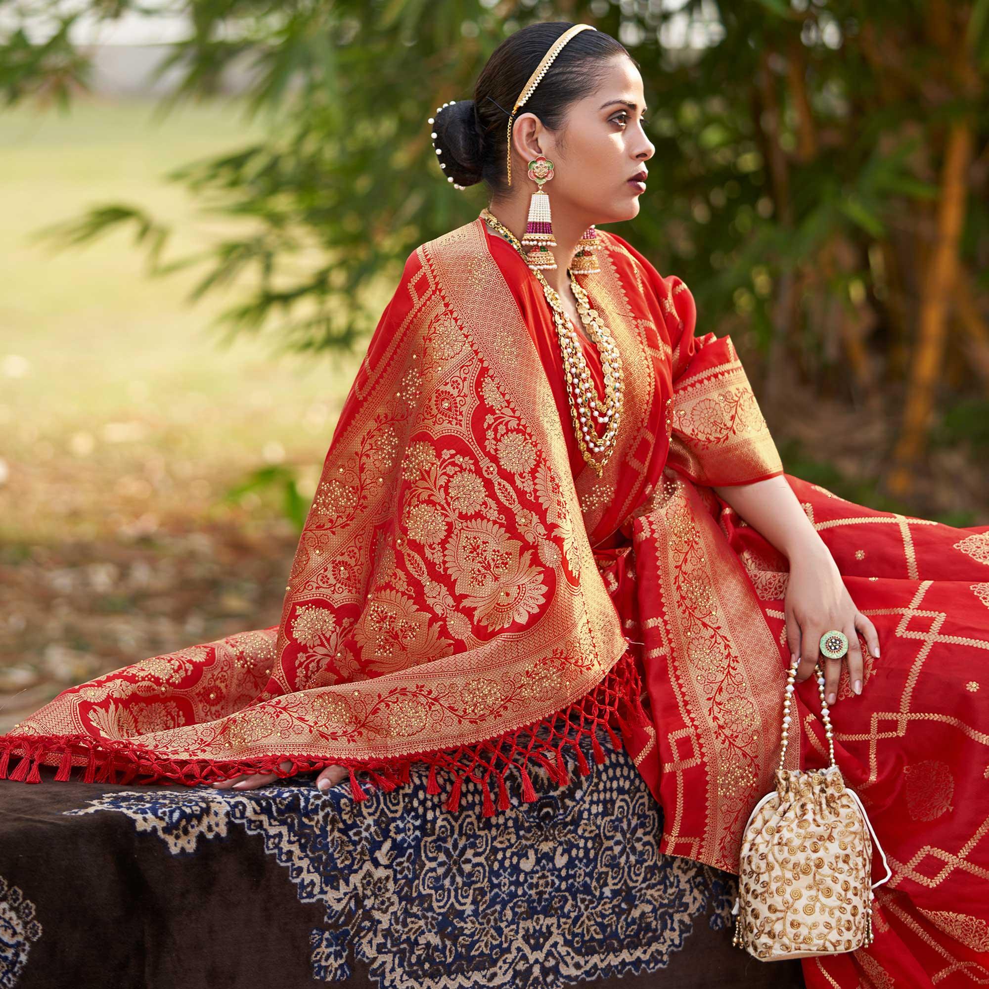 Red Woven With Embellished Art Silk Saree With Tassels - Peachmode