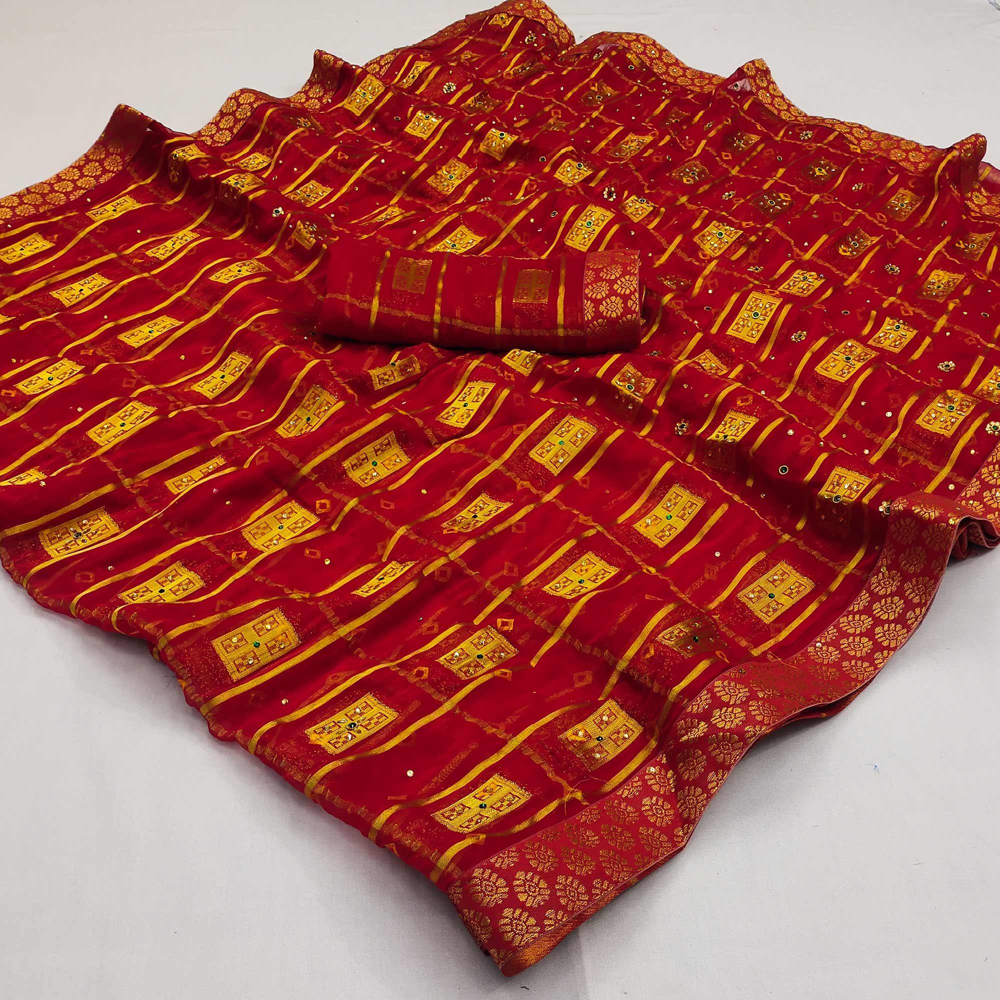 Red Woven With Embellished Chiffon Saree - Peachmode
