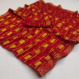 Red Woven With Embellished Chiffon Saree - Peachmode
