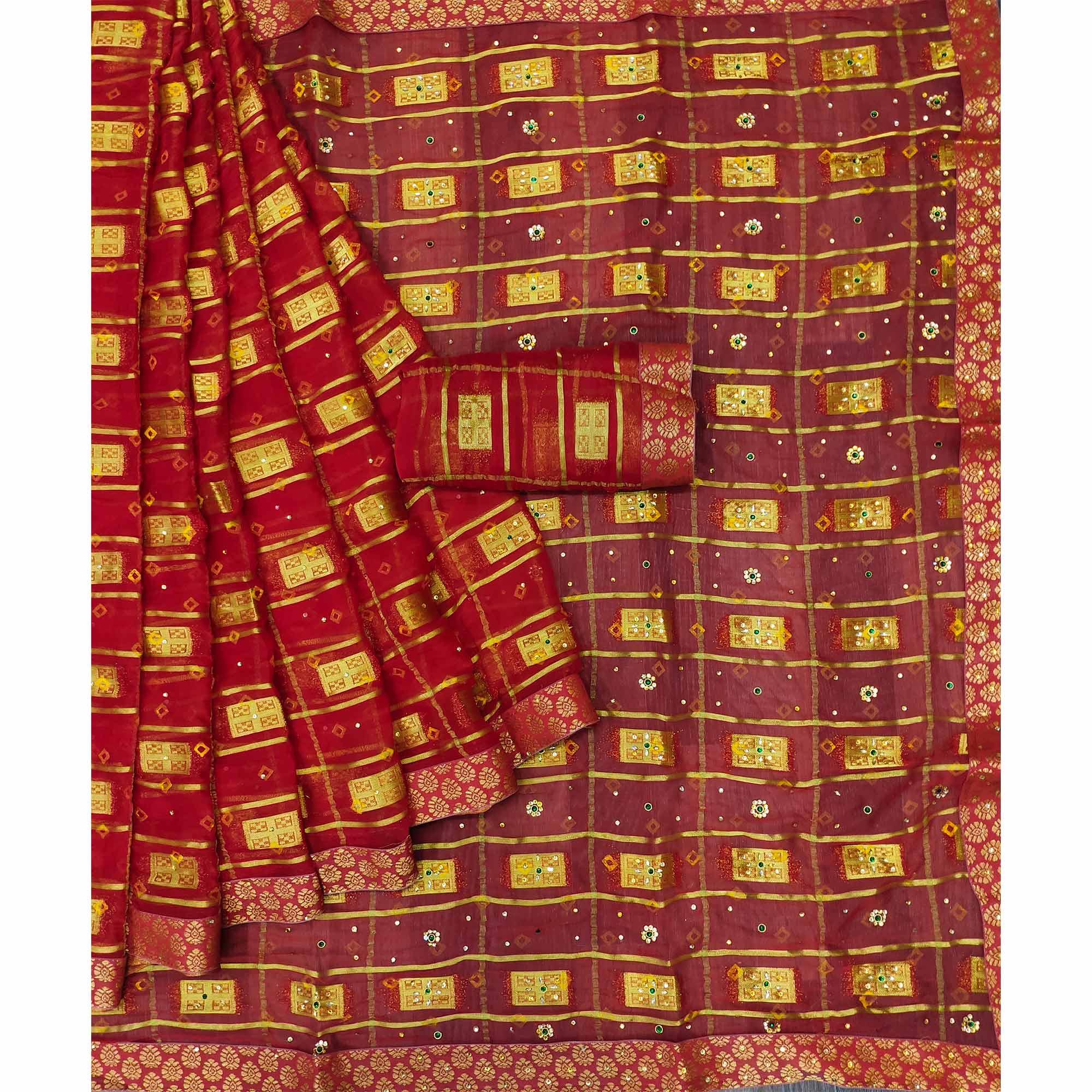 Red Woven With Embellished Chiffon Saree - Peachmode