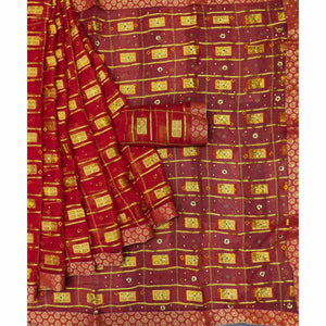 Red Woven With Embellished Chiffon Saree - Peachmode