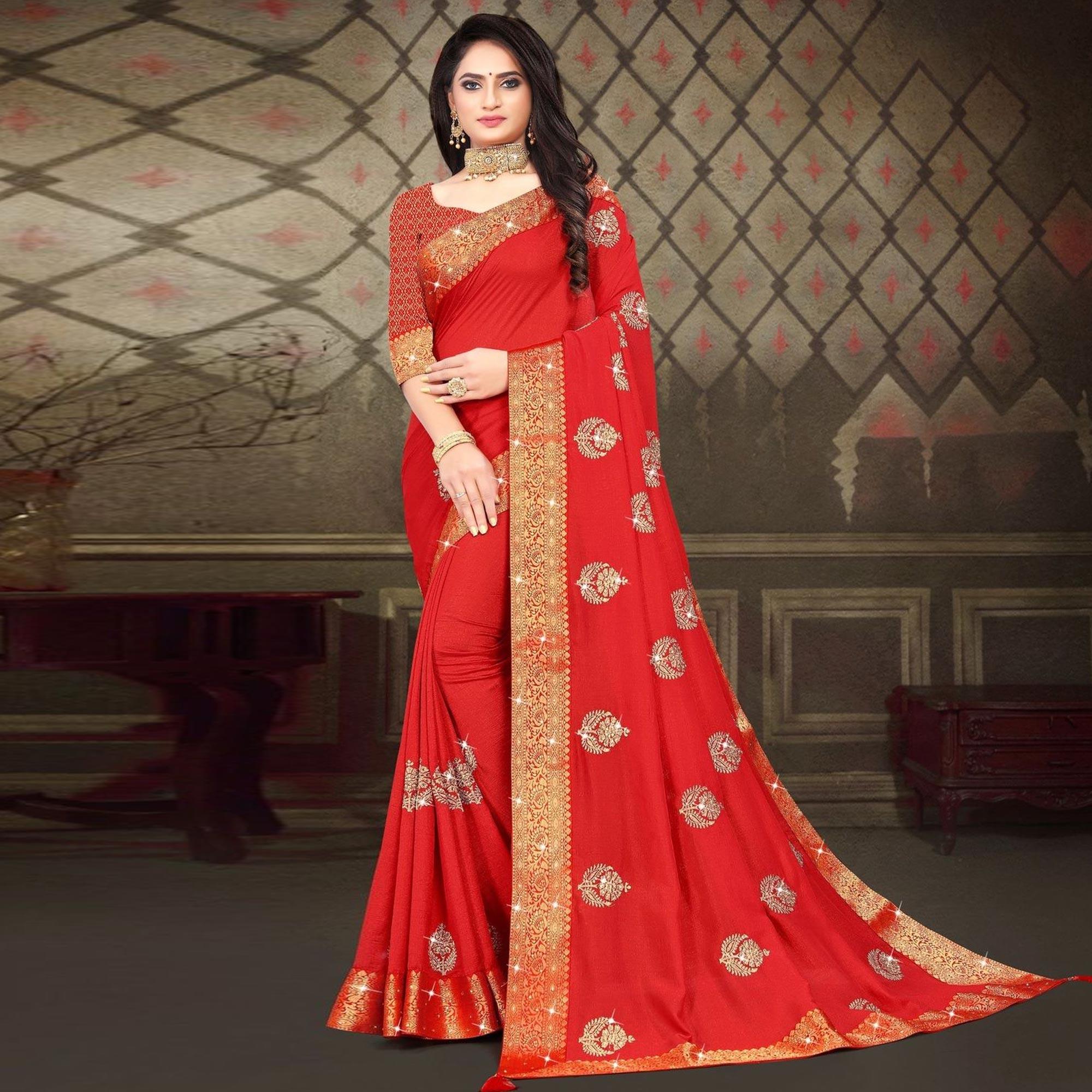 Red Woven With Embellished Vichitra Silk Saree - Peachmode