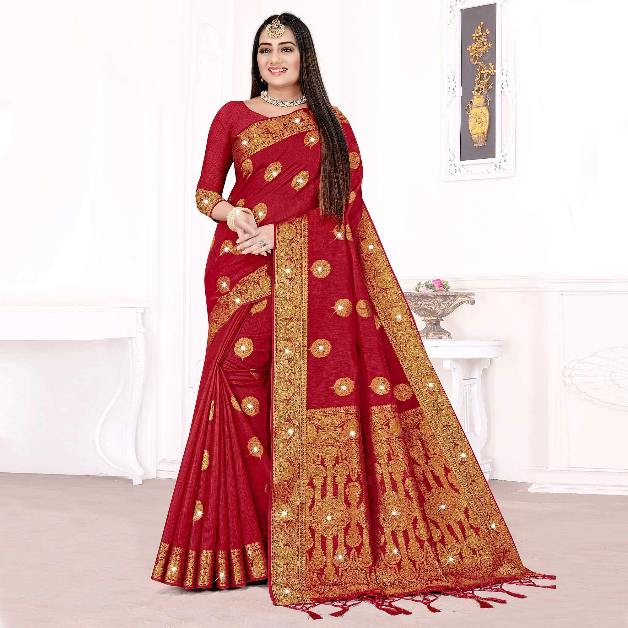 Red Woven With Swarovski Cotton Silk Saree - Peachmode