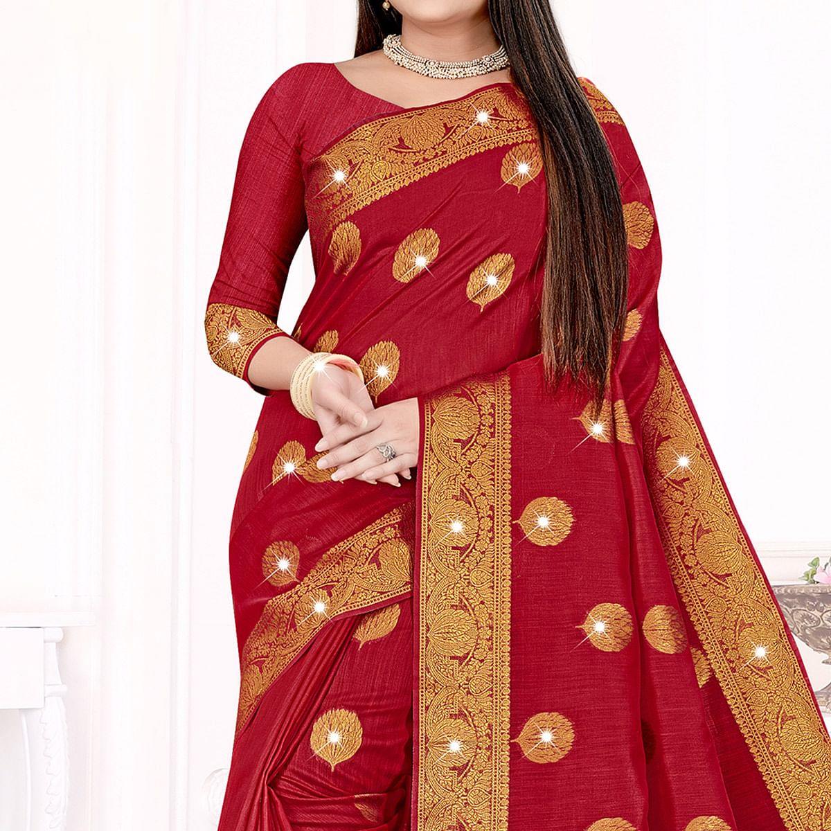 Red Woven With Swarovski Cotton Silk Saree - Peachmode