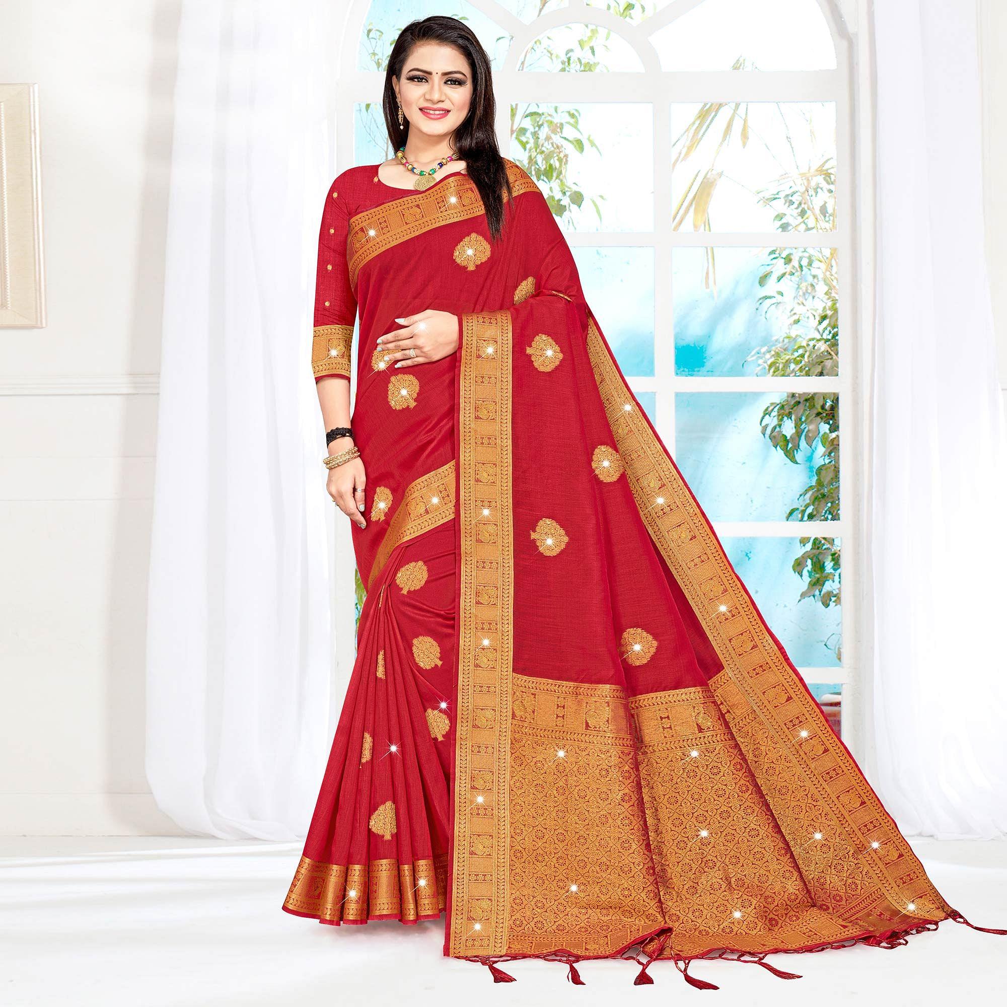 Red Woven With Swarovski Cotton Silk Saree With Tassels - Peachmode
