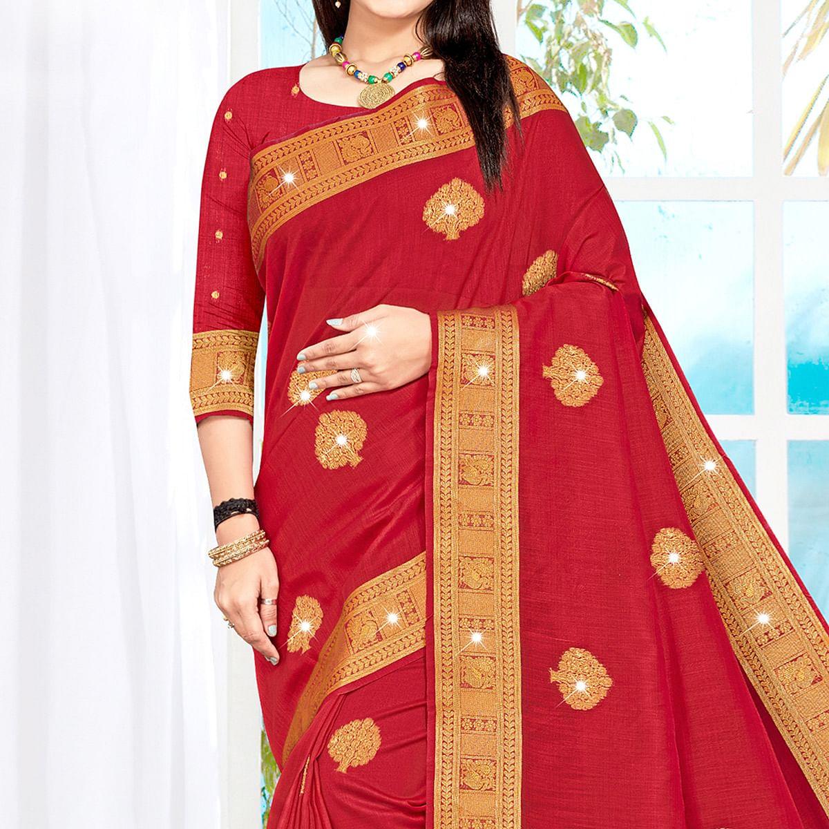 Red Woven With Swarovski Cotton Silk Saree With Tassels - Peachmode