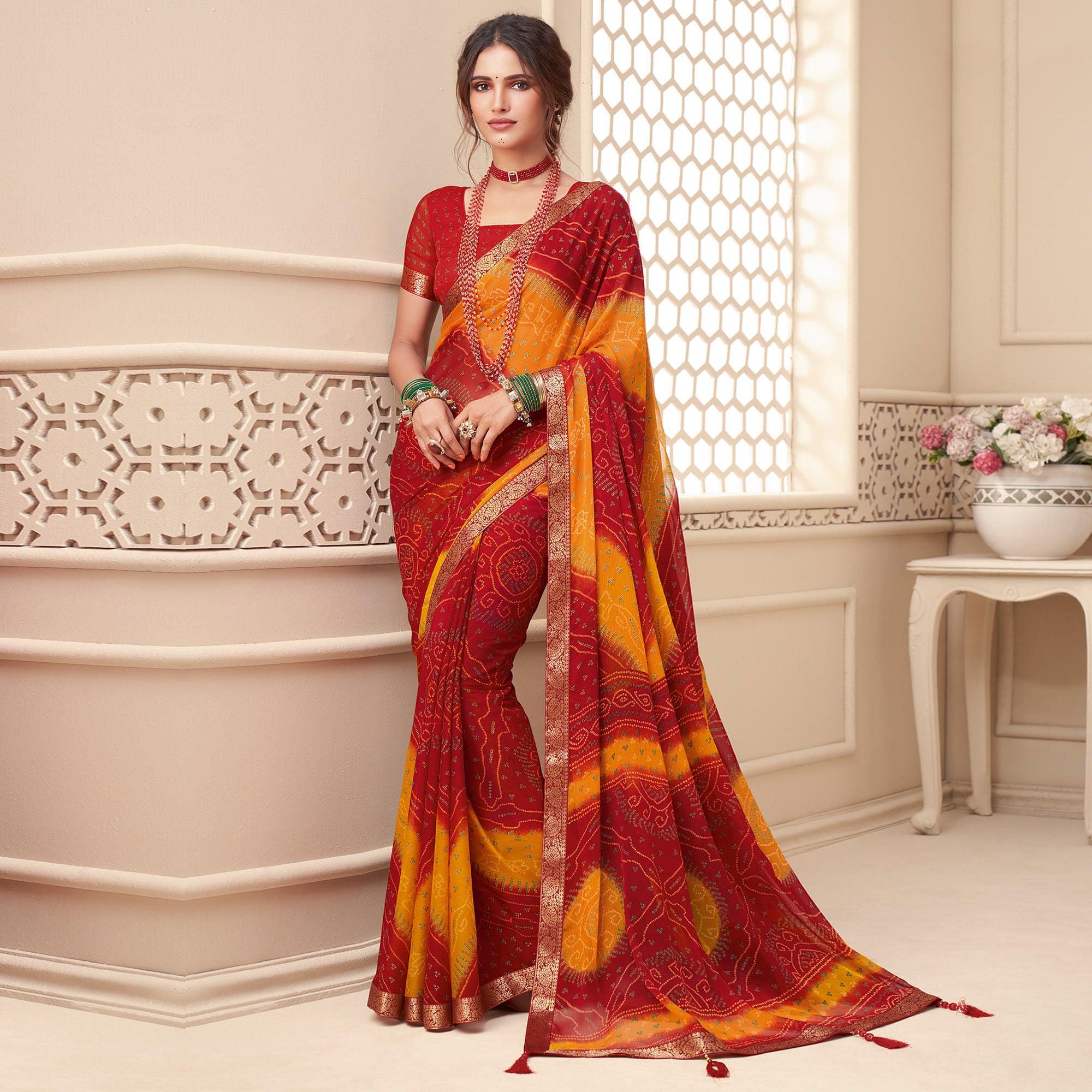 Red-Yellow Casual Wear Bandhani Printed Chiffon Saree With Tassels - Peachmode