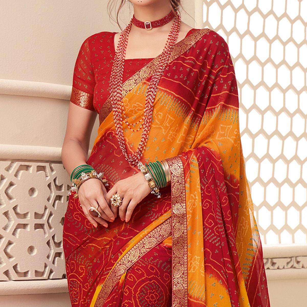 Red-Yellow Casual Wear Bandhani Printed Chiffon Saree With Tassels - Peachmode