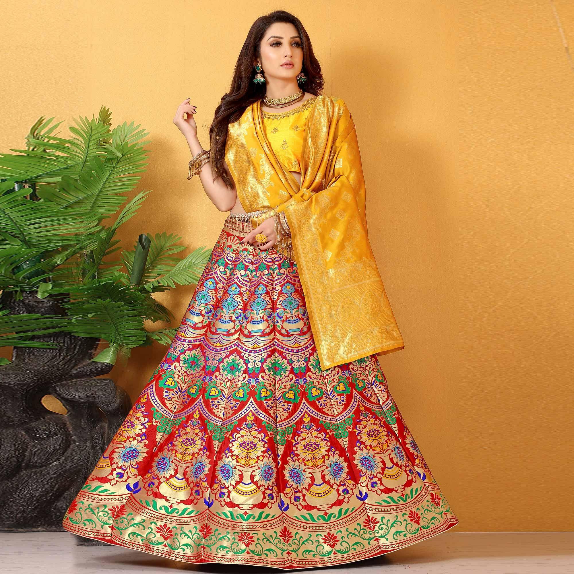 Red-Yellow Meenakari Woven Banarasi Silk Lehenga Choli - Peachmode