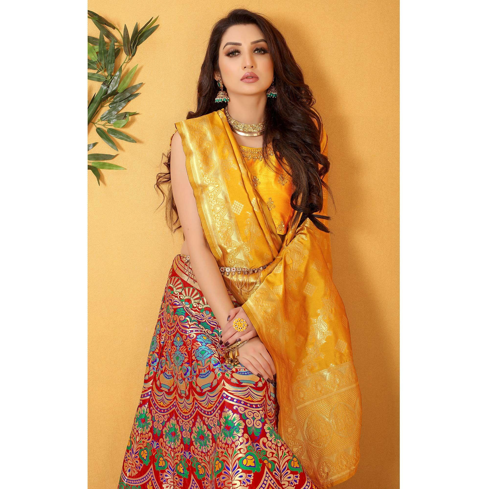 Red-Yellow Meenakari Woven Banarasi Silk Lehenga Choli - Peachmode