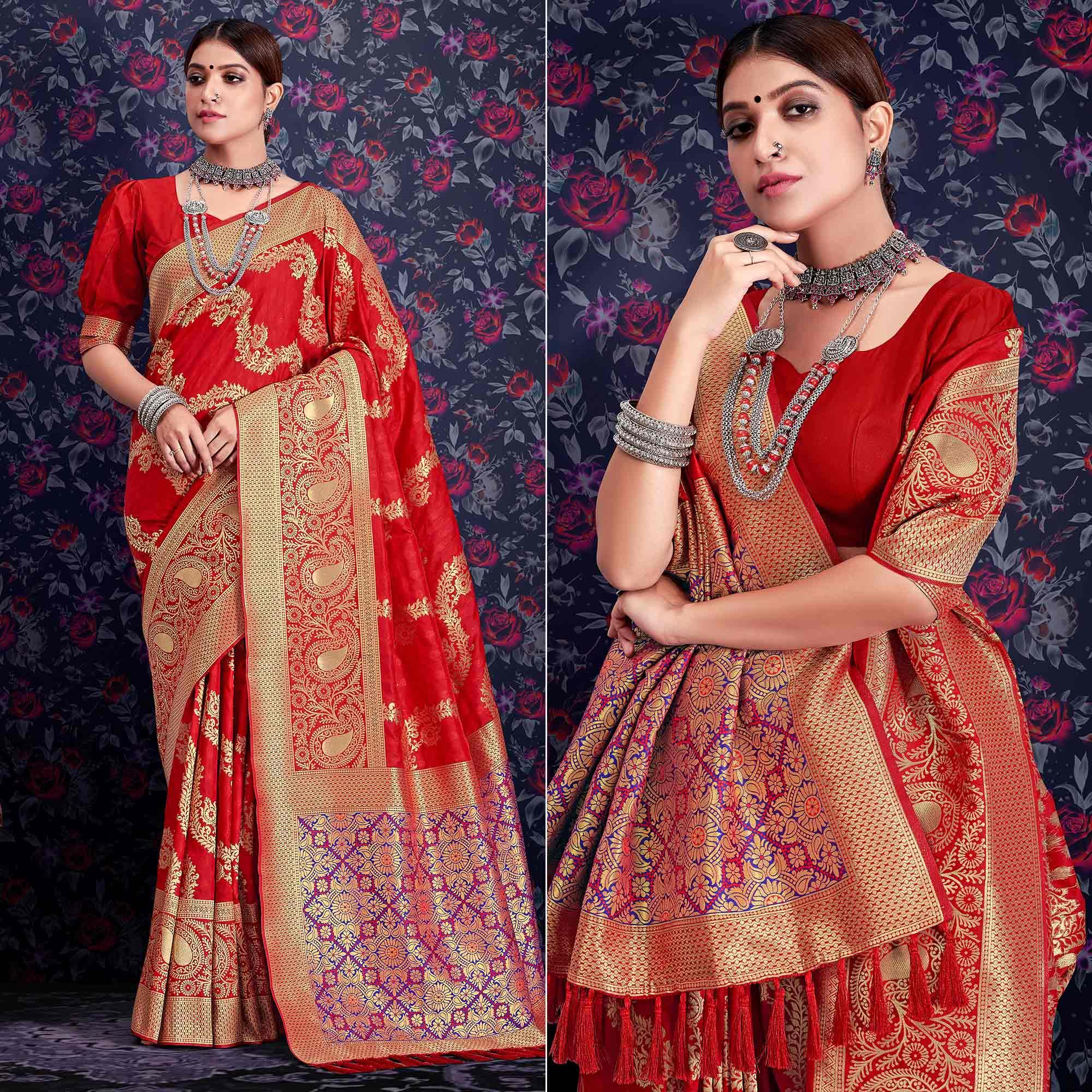Red Zari Woven Art Silk Saree - Peachmode