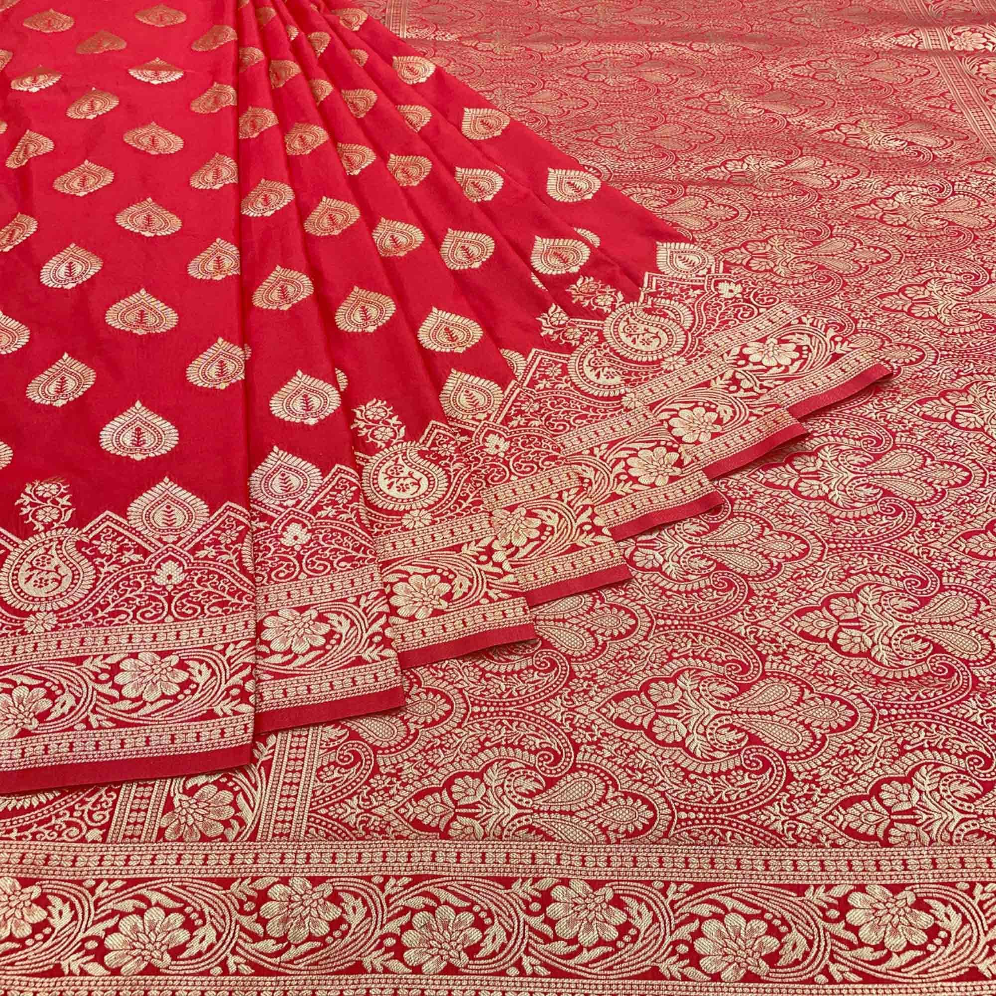 Red Zari Woven Art Silk Saree - Peachmode