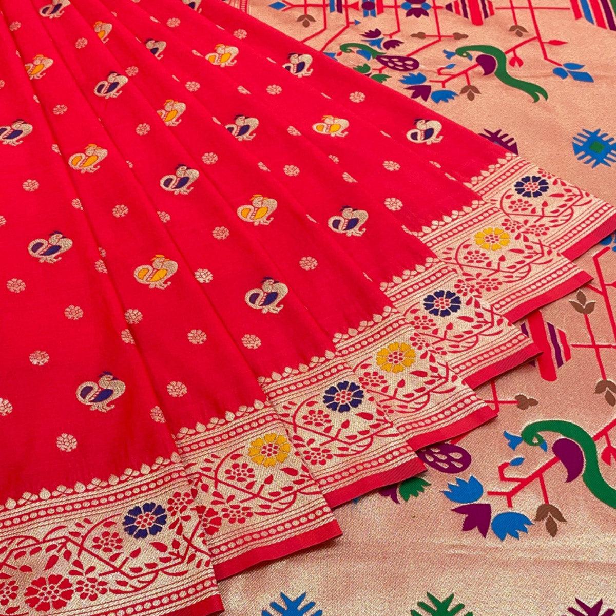 Red Zari Woven Art Silk Saree - Peachmode