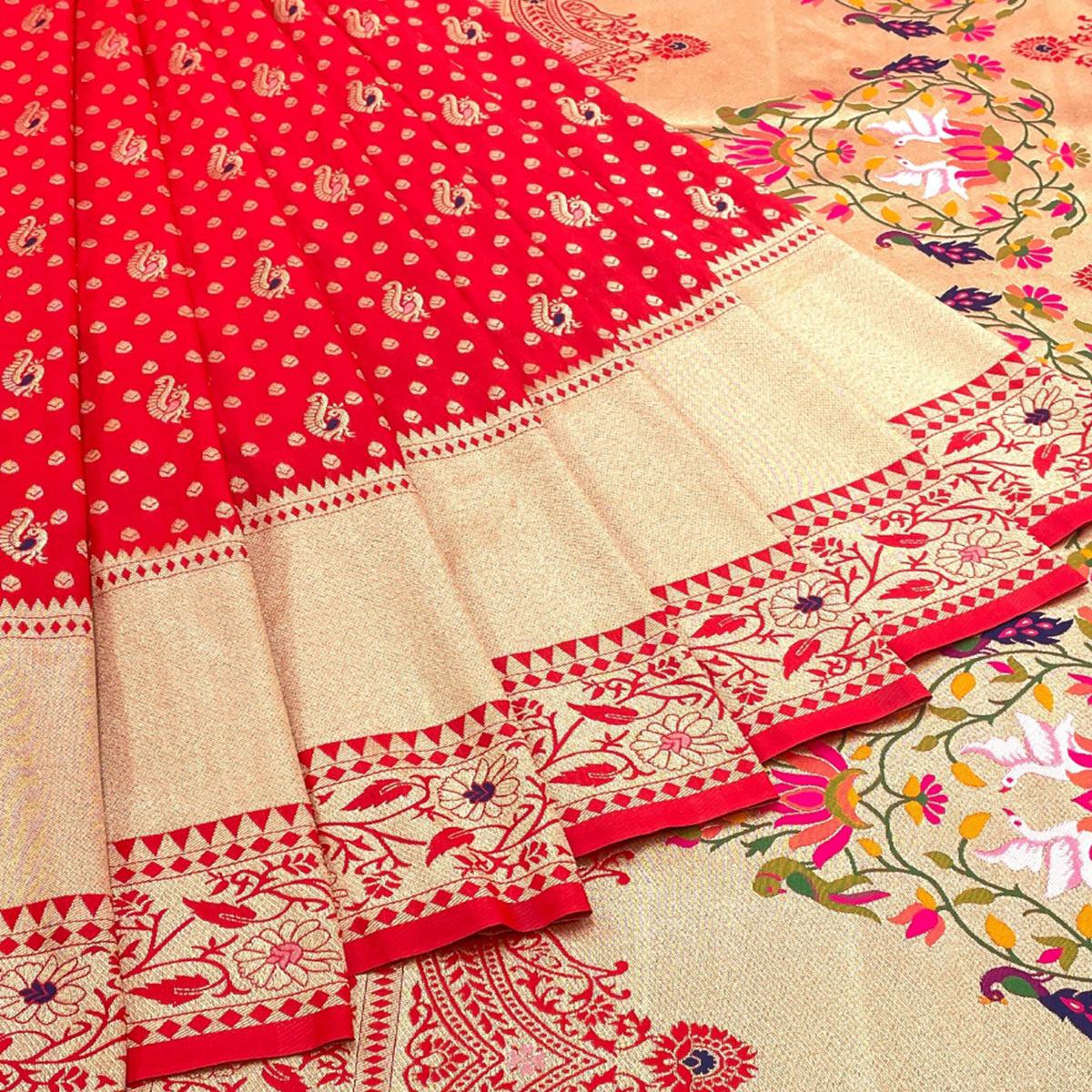 Red Zari Woven Art Silk Saree - Peachmode