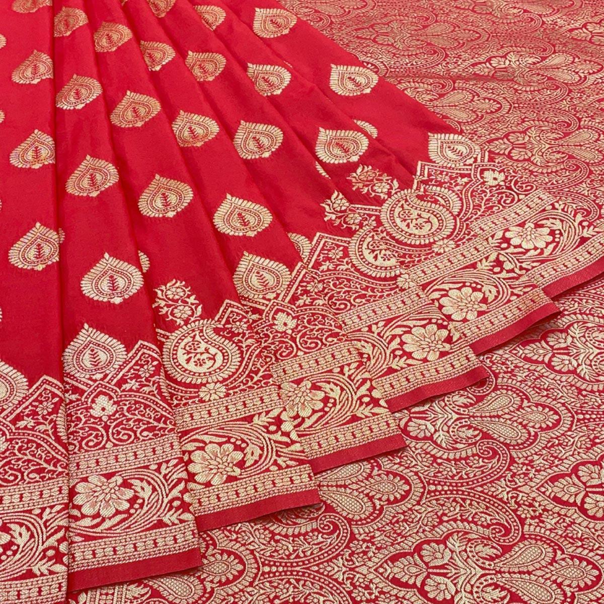 Red Zari Woven Art Silk Saree - Peachmode