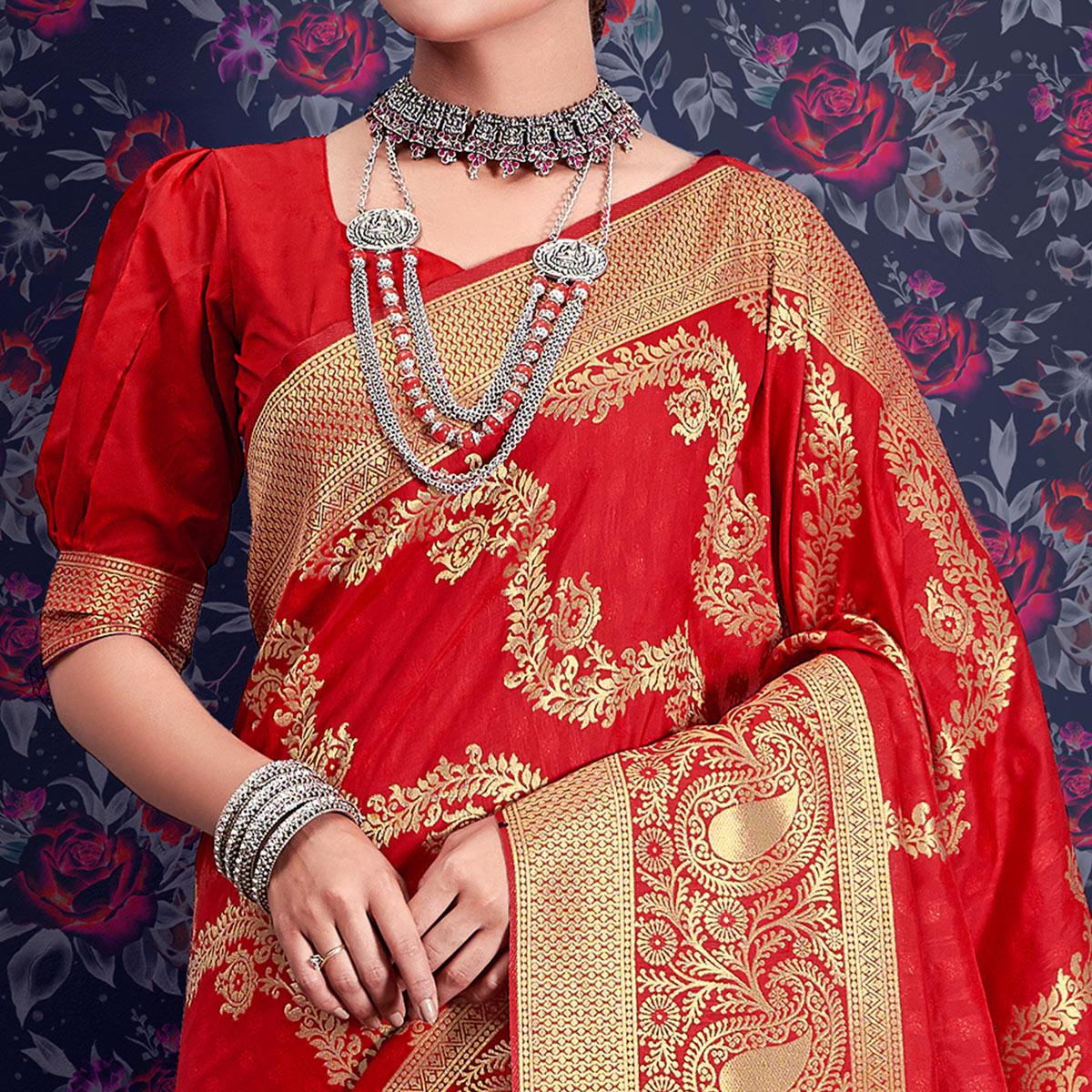 Red Zari Woven Art Silk Saree - Peachmode