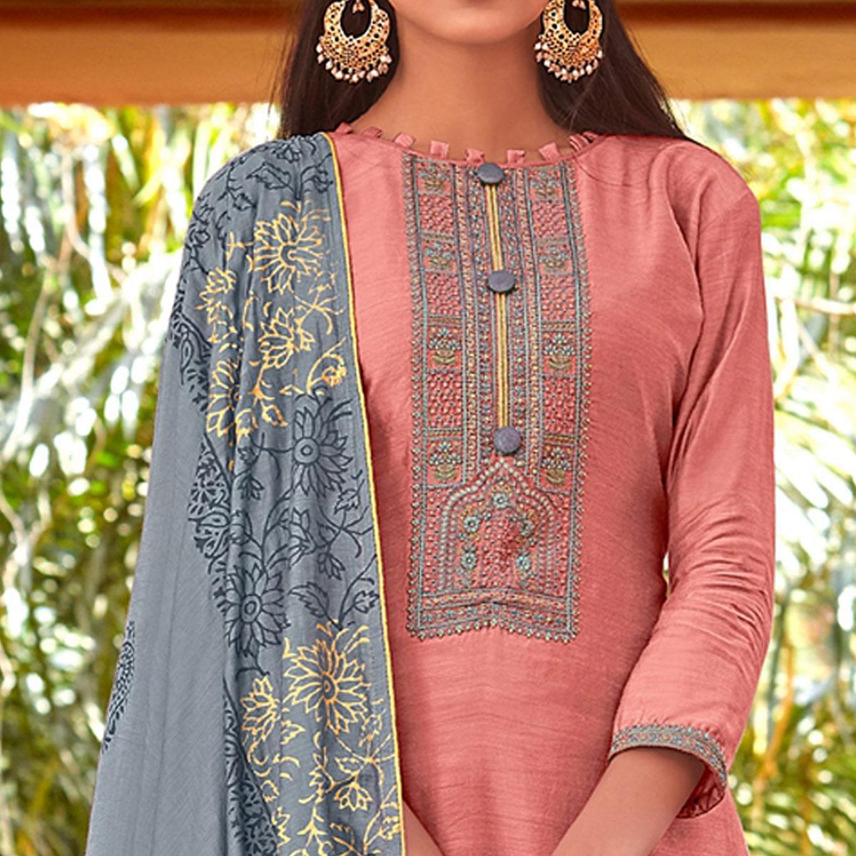 Reddish Festive Wear Embroidered Viscose Cotton Silk Salwar Suit - Peachmode
