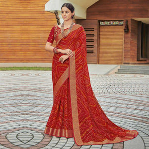 Reddish Orange Casual Wear Bandhani Printed Chiffon Saree - Peachmode