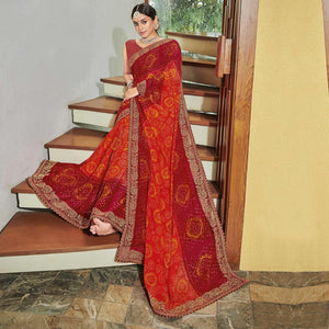 Reddish Orange Casual Wear Bandhani Printed Chiffon Saree - Peachmode