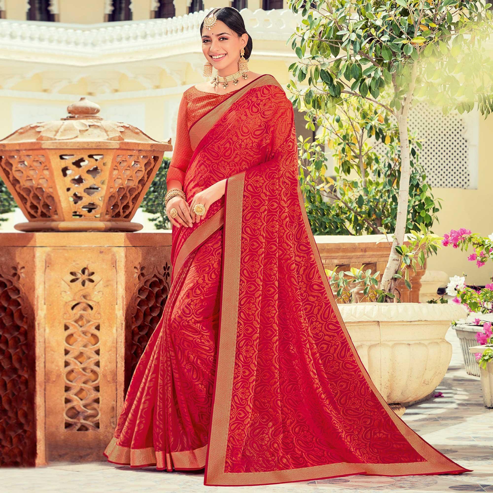Redish Orange Casual Wear Printed Brasso Saree - Peachmode