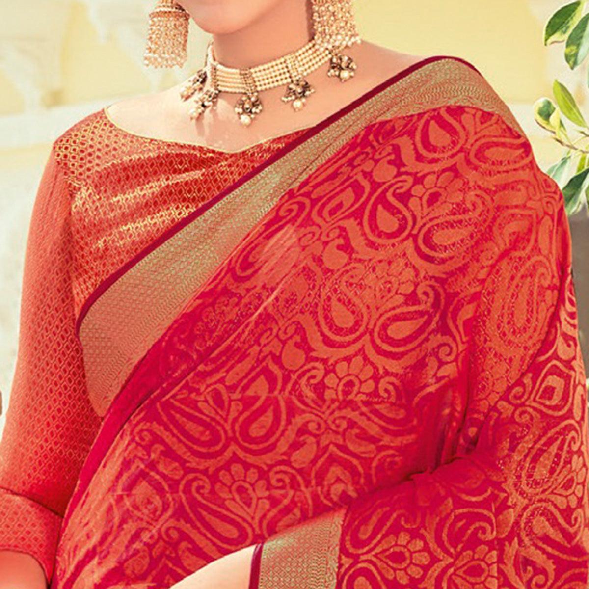 Redish Orange Casual Wear Printed Brasso Saree - Peachmode