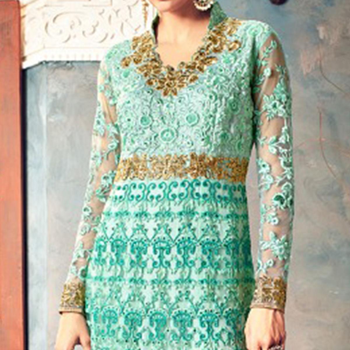 Refreshing Aqua Blue Colored Partywear Embroidered Netted Anarkali Suit - Peachmode