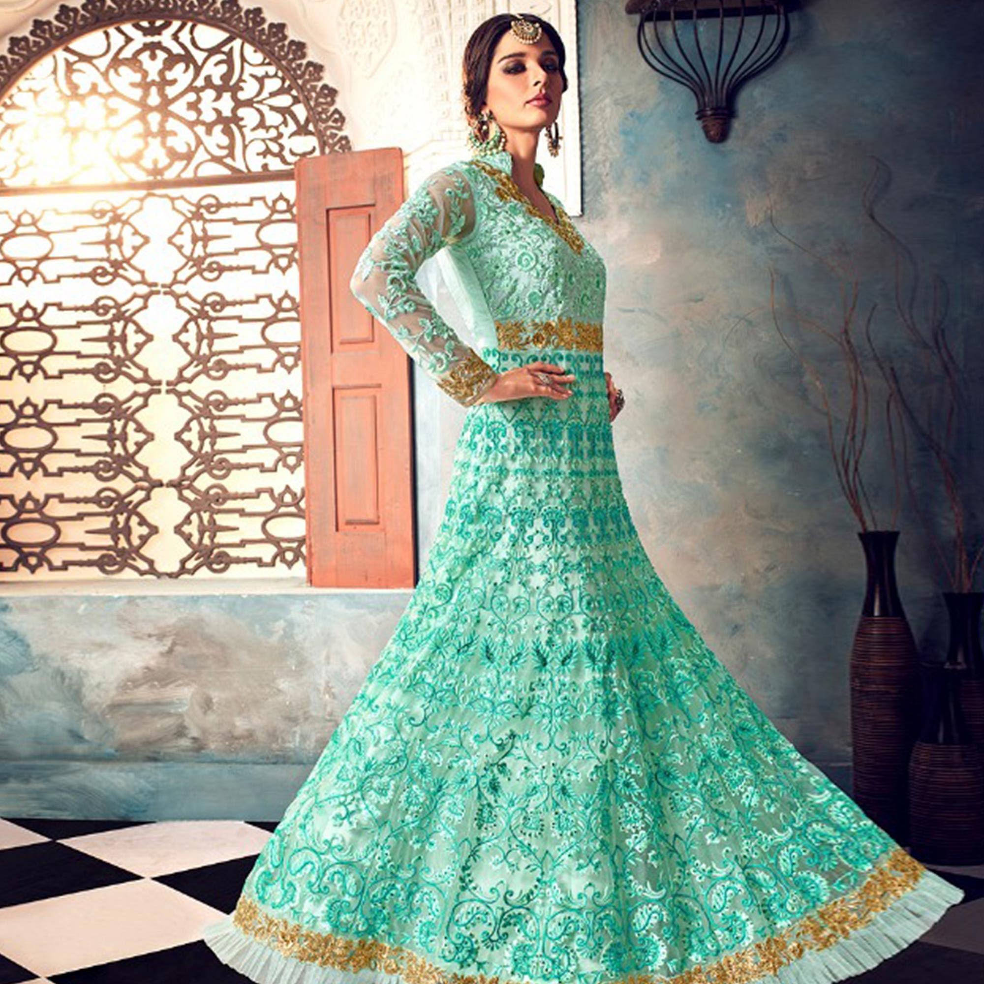Refreshing Aqua Blue Colored Partywear Embroidered Netted Anarkali Suit - Peachmode