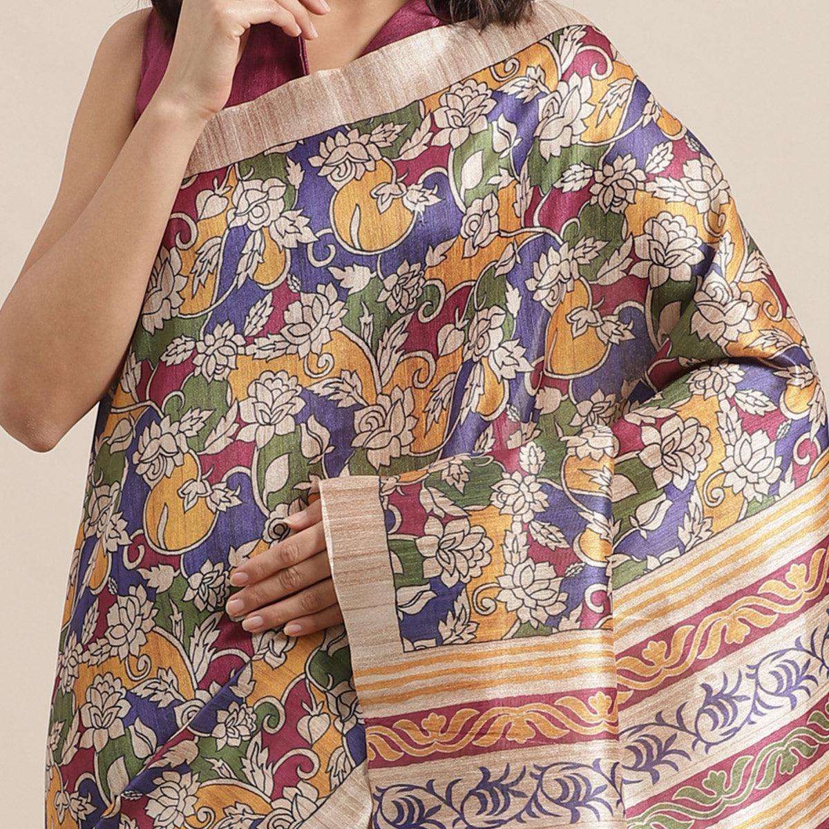 Refreshing Beige-Multi Colored Casual Wear Floral Printed Silk Blend Saree With Tassels - Peachmode