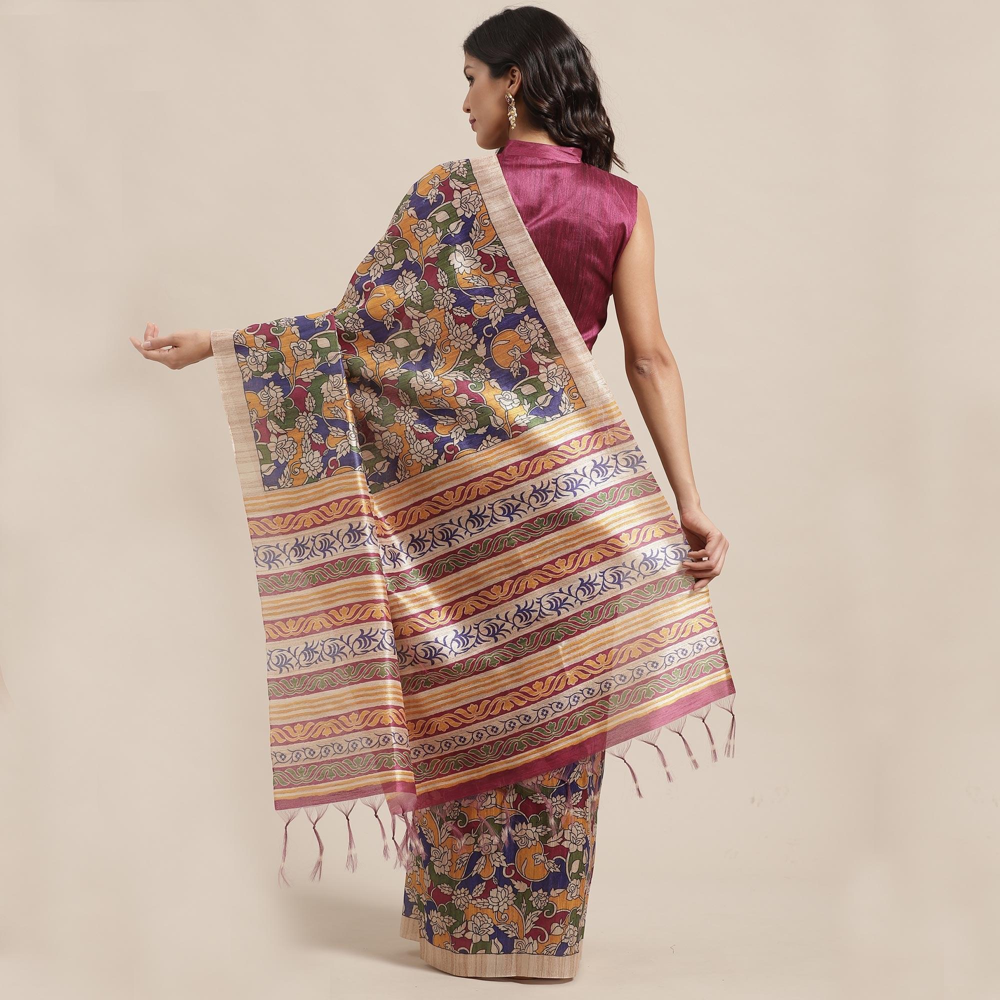 Refreshing Beige-Multi Colored Casual Wear Floral Printed Silk Blend Saree With Tassels - Peachmode
