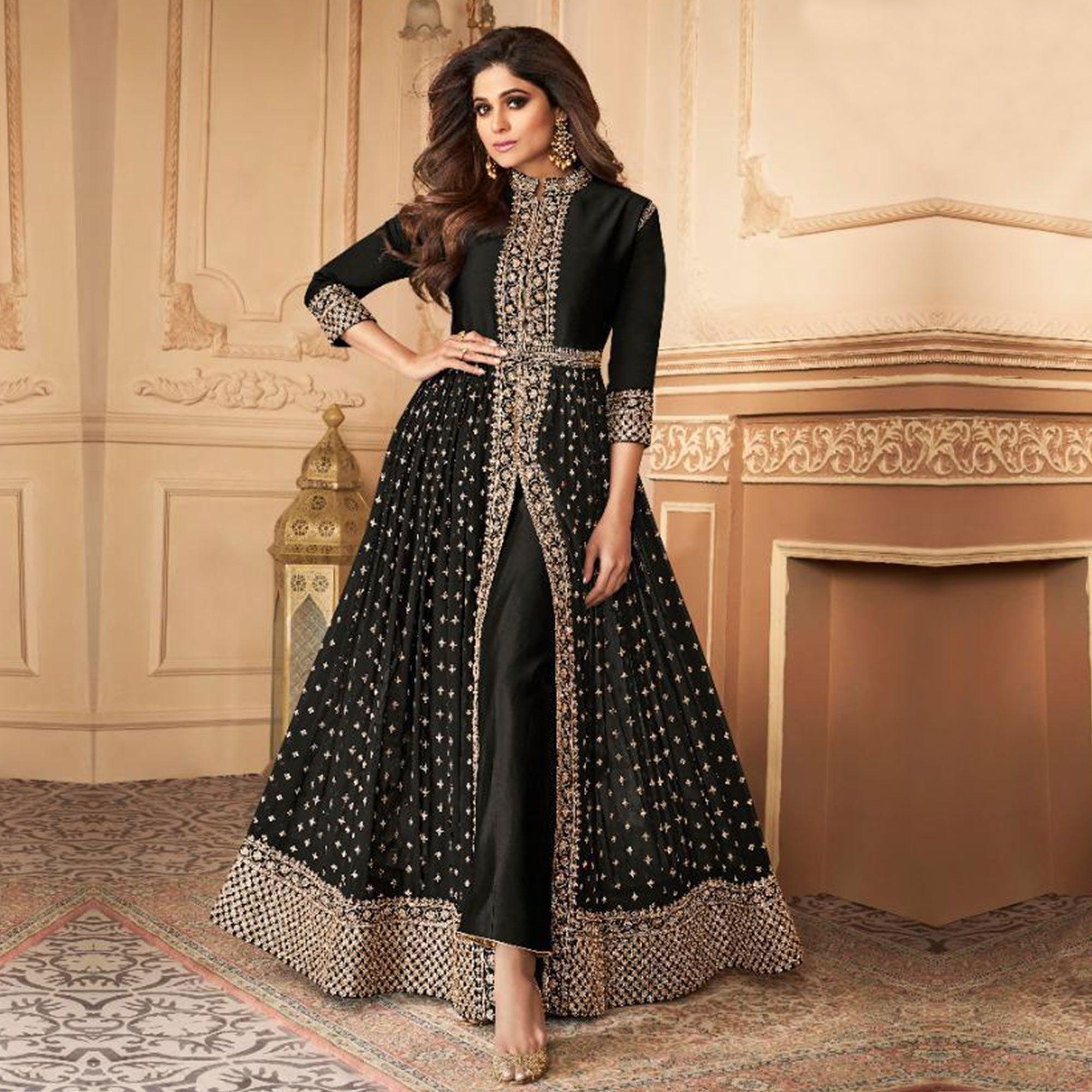 Refreshing Black Colored Partywear Embroidered Faux Georgette Abaya Style anarkali Suit - Peachmode