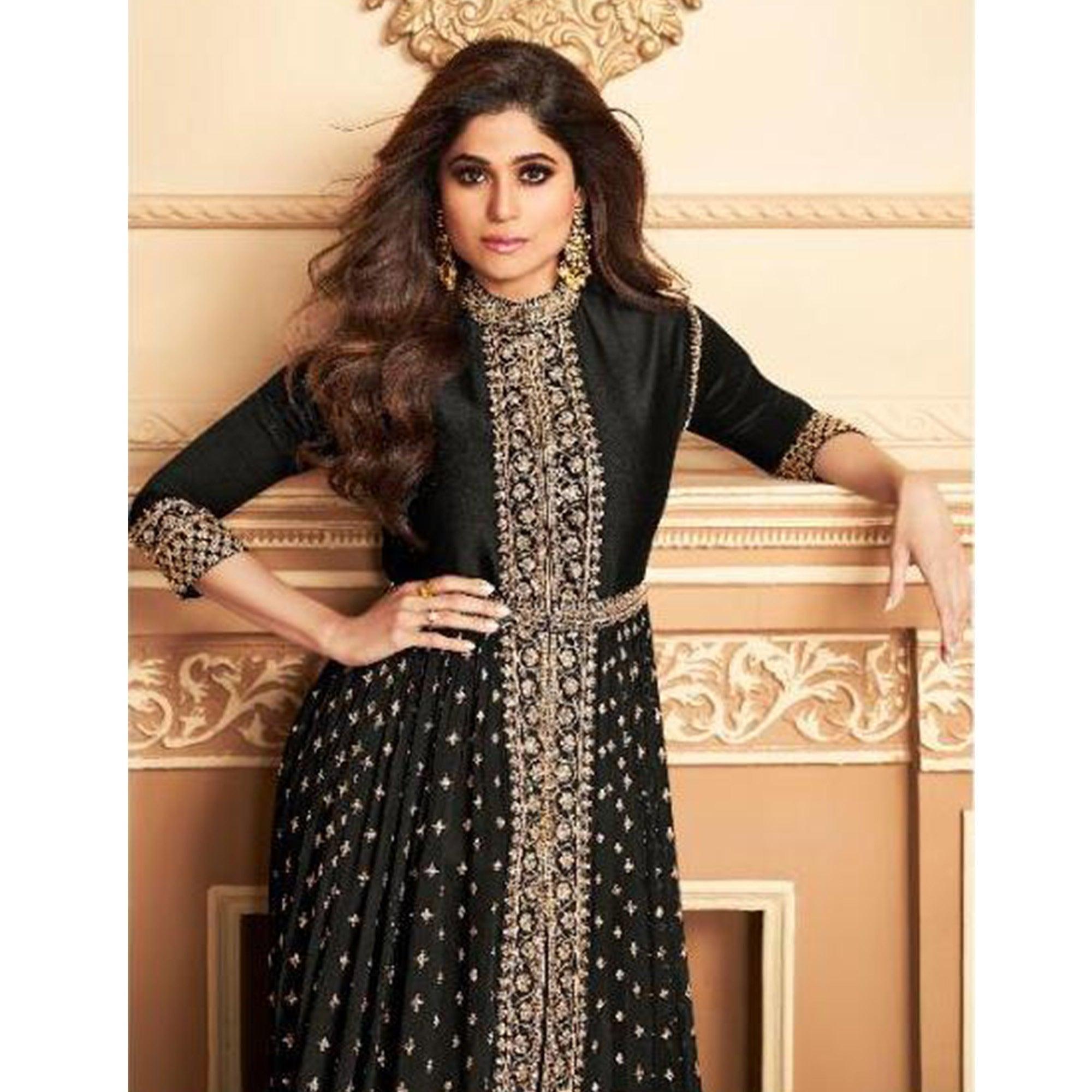 Refreshing Black Colored Partywear Embroidered Faux Georgette Abaya Style anarkali Suit - Peachmode