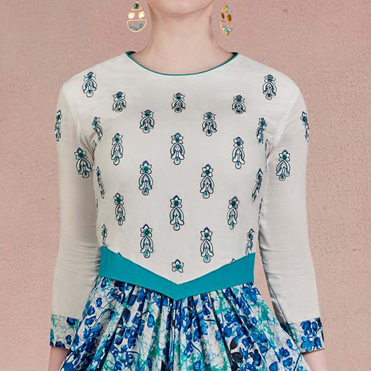 Refreshing Cream-Blue Colored Designer Embroidered Party Wear Rayon Kurti - Peachmode