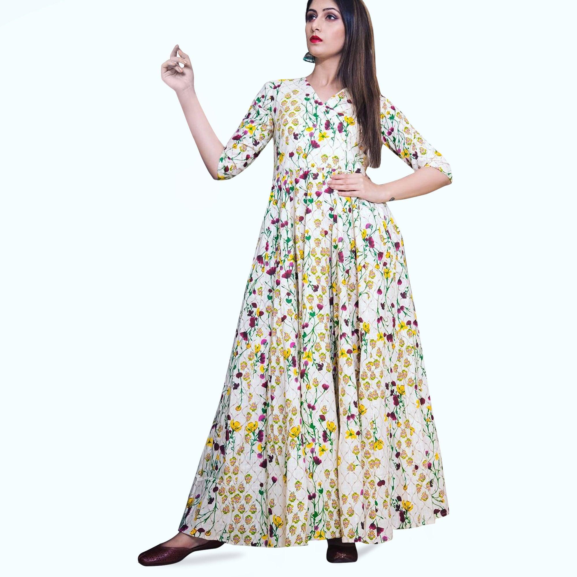 Refreshing Cream Colored Casual Printed Muslin Gown - Peachmode