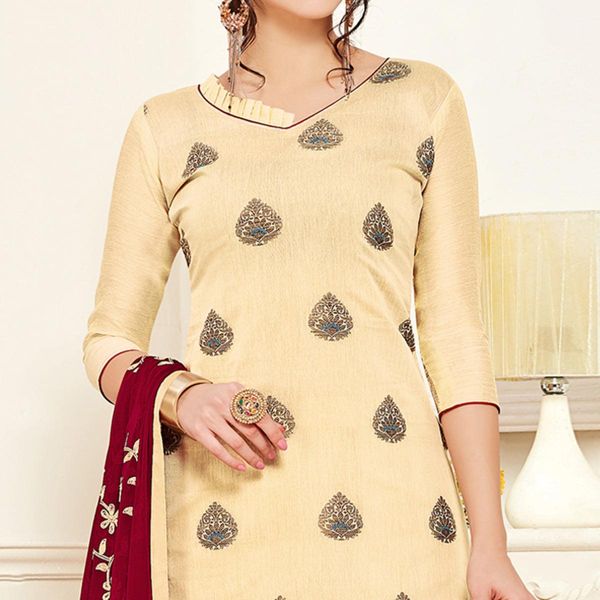 Refreshing Cream Colored Casual Wear Woven Banarasi Silk Dress Material - Peachmode