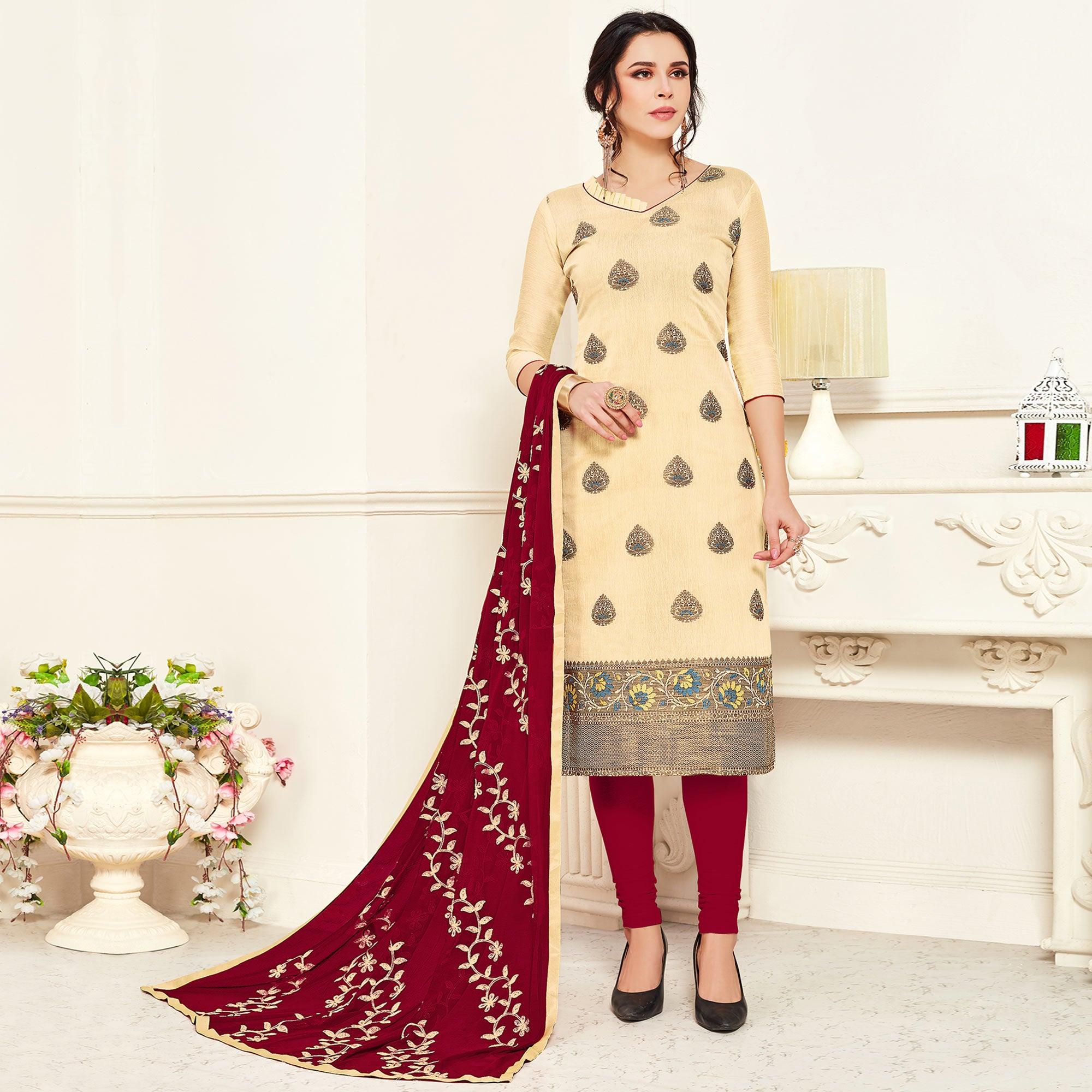 Refreshing Cream Colored Casual Wear Woven Banarasi Silk Dress Material - Peachmode
